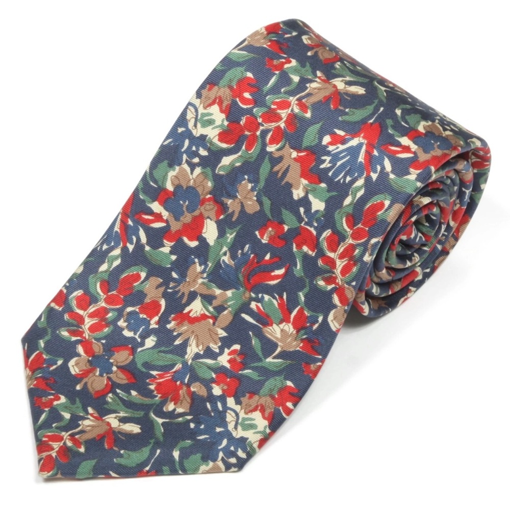 LANDS' END Men's Watercolor Classic Blue & Red Floral Silk Tie